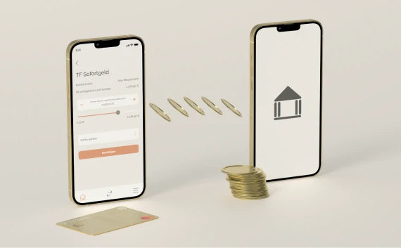 Zwei Smartphones sind nebeneinander abgebildet sollen den Geldtransfer darstellen der bei TF Sofortgeld stattfindet. Münzen werden von einem Handy zum anderen transferiert.