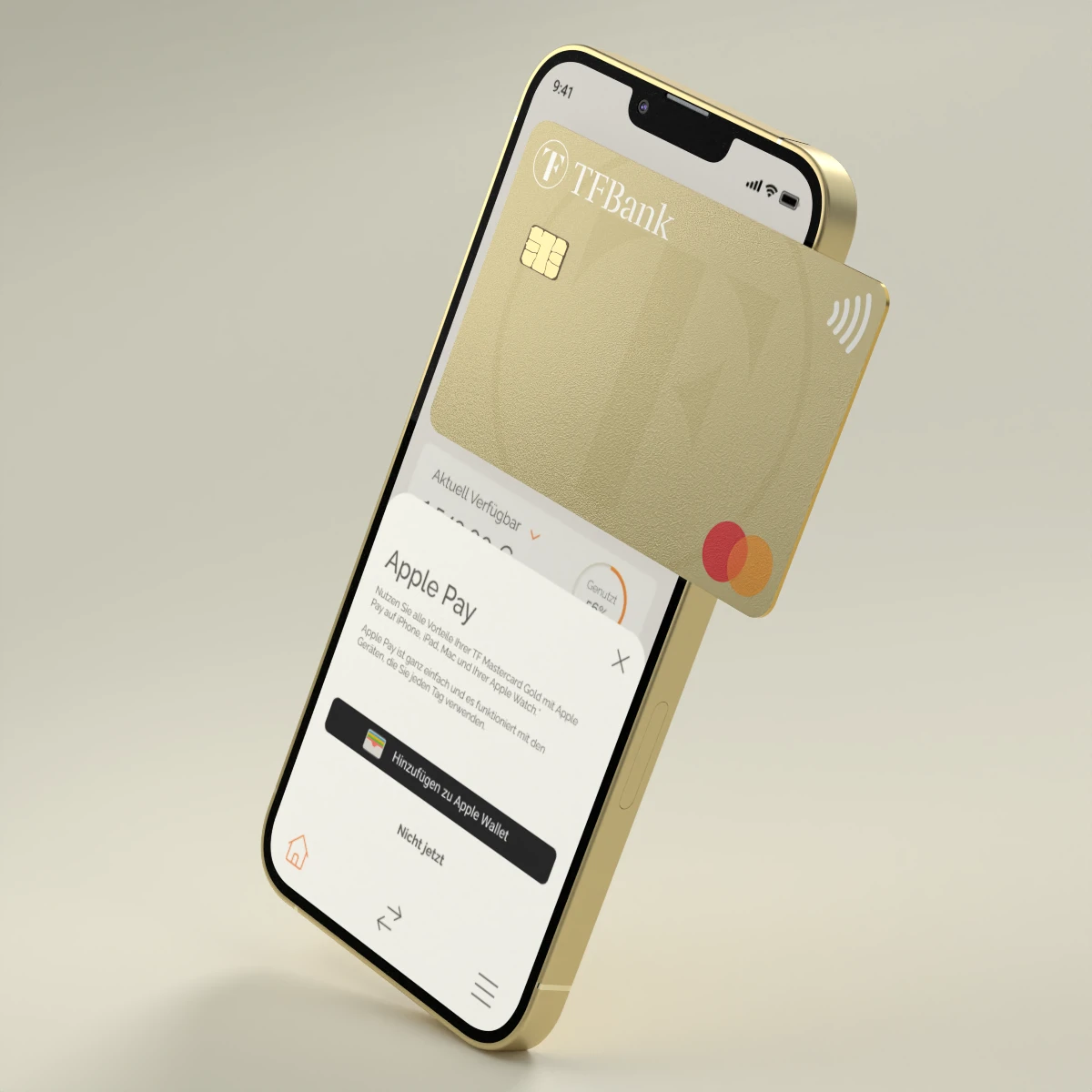 Smartphone zeigt Apple pay Einrichtung über die TF Bank Mobile App.